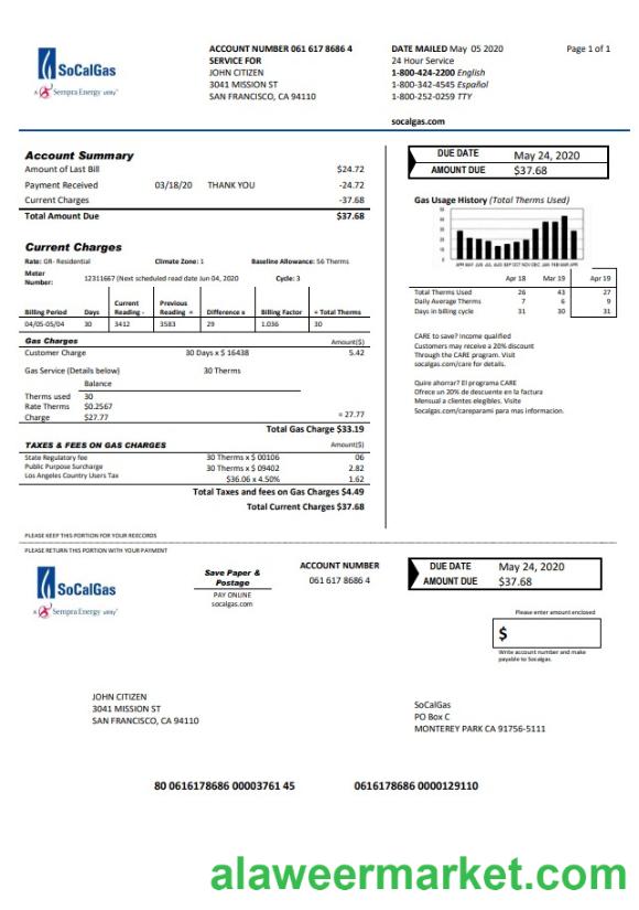 USA California SoCal Gas utility bill template in Word and PDF format